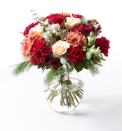 Rosebukett burgunder og fersken Rosebukett burgunder og fersken